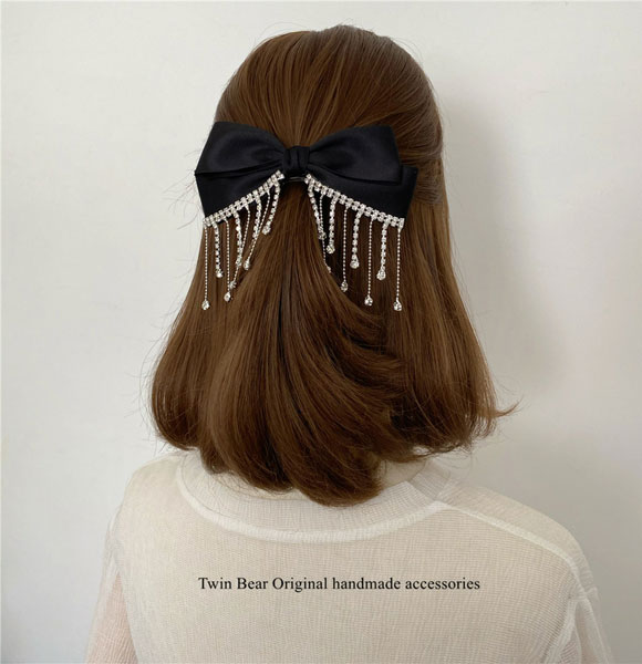 Korean Bow Hairpins Flash Rhinestone Chain Tassel Spring Snap Hair Clip for Women