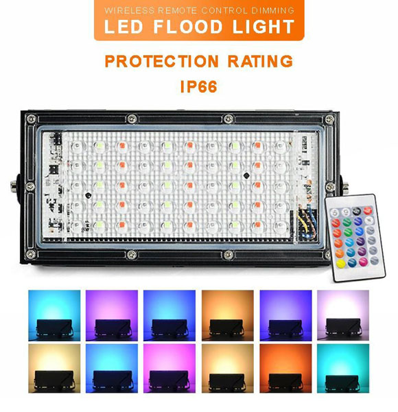 RGB LED Flood Light- Remote Controlled IP66 Waterproof Landscape & Outdoor Lighting (50W, AC220V)