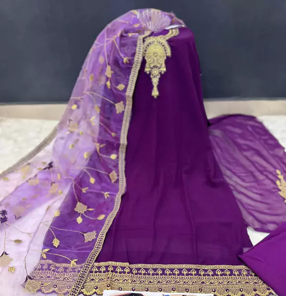 Unstitched latest Purple Georgette embroidery work Free Size Exclusive Designer net orna Kameez dress For women (CB)