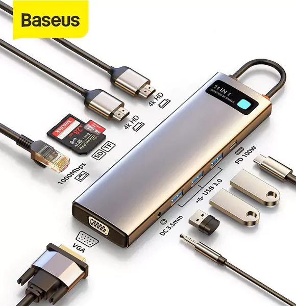 Baseus HUB Type-C CAHUB-CT0G Metal Gleam Series 11-in-1 Multifunctional Docking Station Space Gray (ANV)