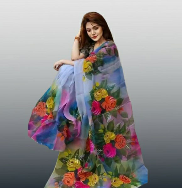 Colourful Half Silk Hand Print Saree (GM-1386)