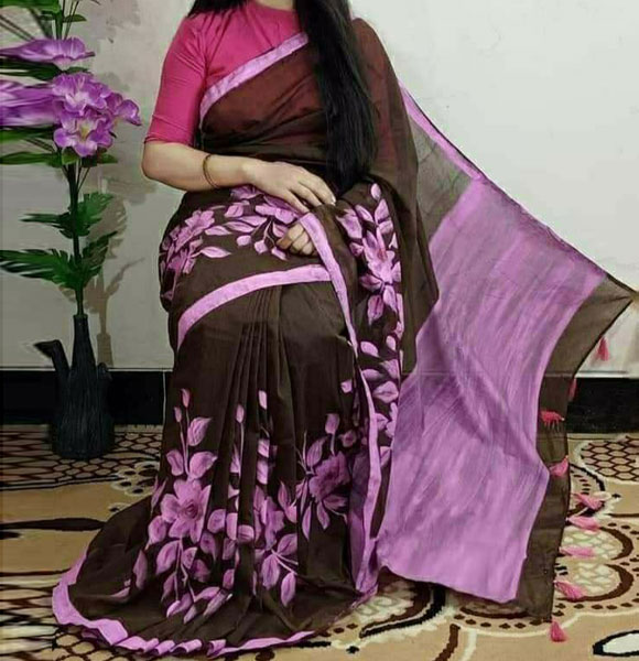 Colourful Half Silk Hand Print Saree (GM-1343)