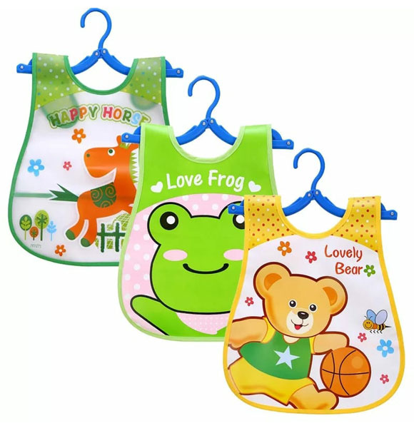 Cartoon Faced Plastic Waterproof Bibs for Baby -1 PCS