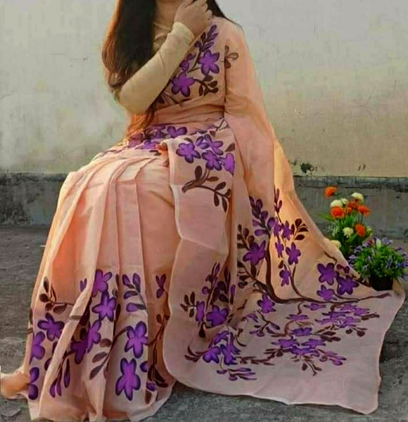 Colourful Half Silk Hand Print Saree (GM-1347)