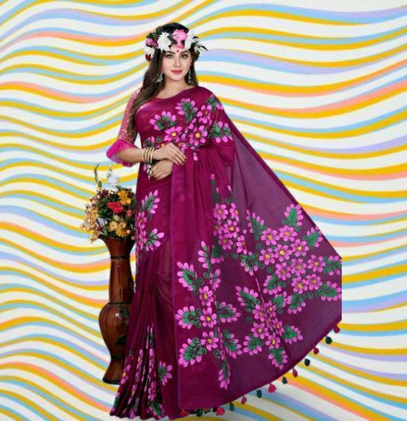 Colourful Half Silk Hand Print Saree (GM-1387)