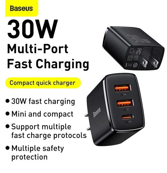 BASEUS Compact Quick Charger 2U+C Three Ports 30W Travel Power Adapter US Plug (ANV)