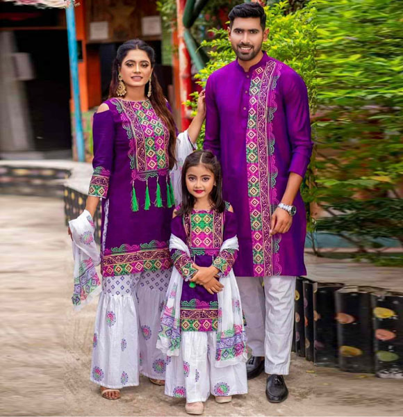 Mom, Baby & Father Special Printed Family Dress (Three Pieces with Panjabi) GM-133