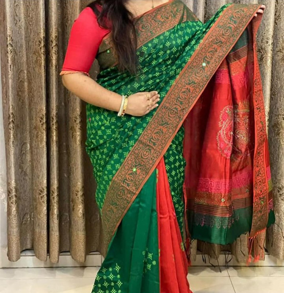 Dhupiyan Silk Sharee Block Printed & Ambroidery Work GM-1723