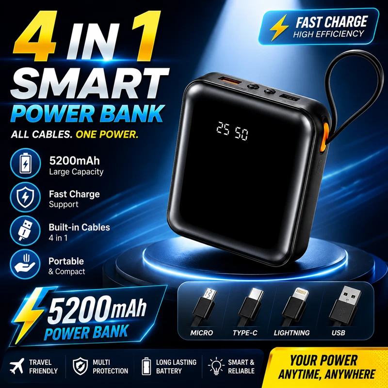 Smart Fast Charge Power Bank (10000mAh, Multi Cable Built-in)