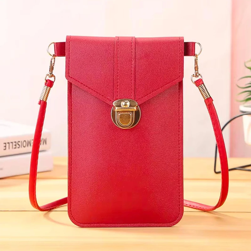 Women's PU Leather Phone Holder With Neck Strap Wallets Touch Screen Bags(Red)