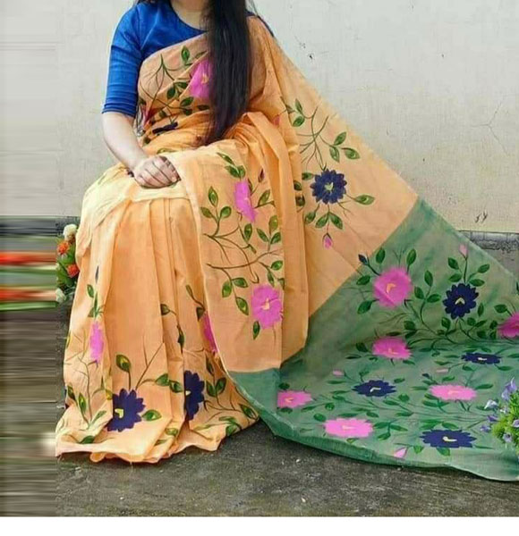 Colourful Half Silk Hand Print Saree (GM-1346)