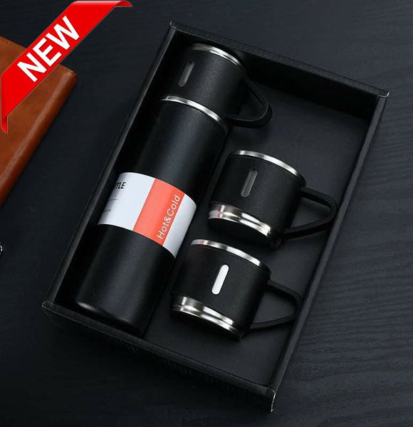 Premium Stainless Steel 1 Bottle & 3 Mug Set | 500ml Capacity | 12 Hours Hot & Cold | Gift Pack | Double Walled Vacuum Flask Insulated Bottle