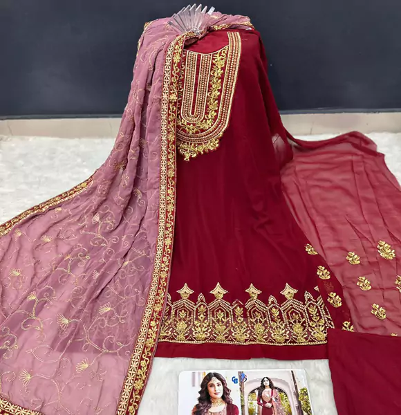 Unstitched latest Maroon Georgette embroidery work Free Size Exclusive Designer net orna Kameez dress For women (CB)